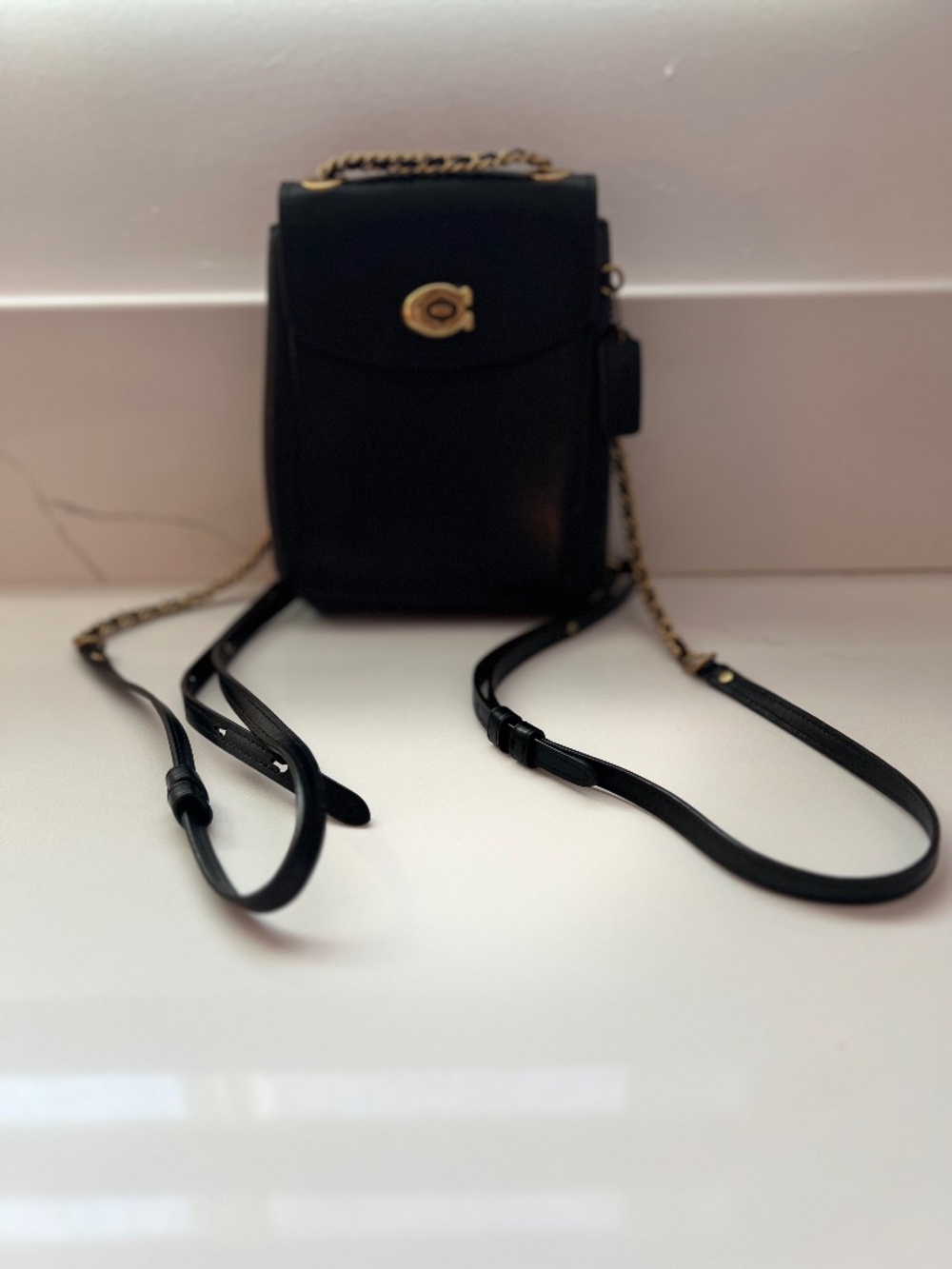 Coach Black Parker Leather Backpack Crossbody Bag Gold Chain Strap - Picture 3 of 12